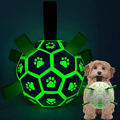QDAN Glow in The Dark Dog Toys Soccer Ball with Straps, Outdoor Interactive Dog Toys Puppy Birthday Gifts, Dog Tug Water Toy, Light Up Dog Balls for Small & Medium Dogs（6 Inch）